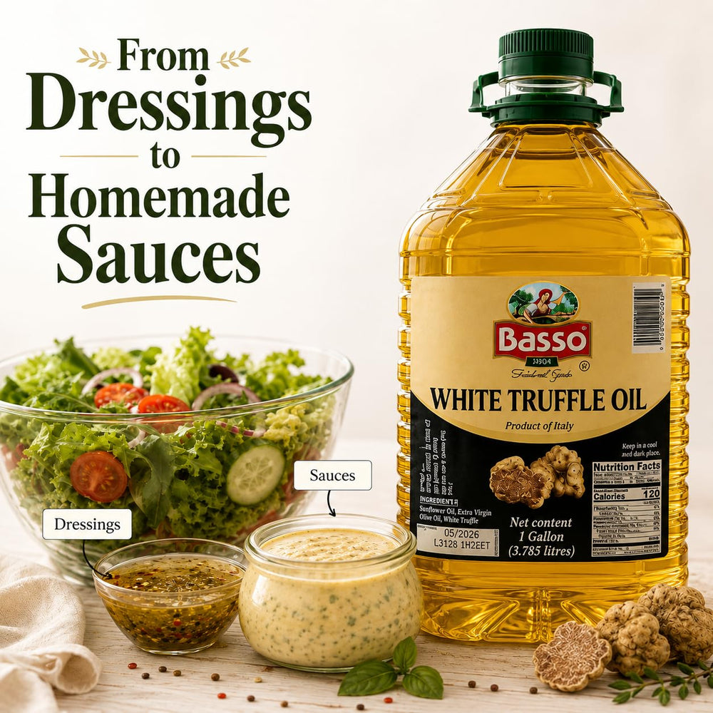 Basso dripping truffle oil over pasta adding gourmet finishing flavor