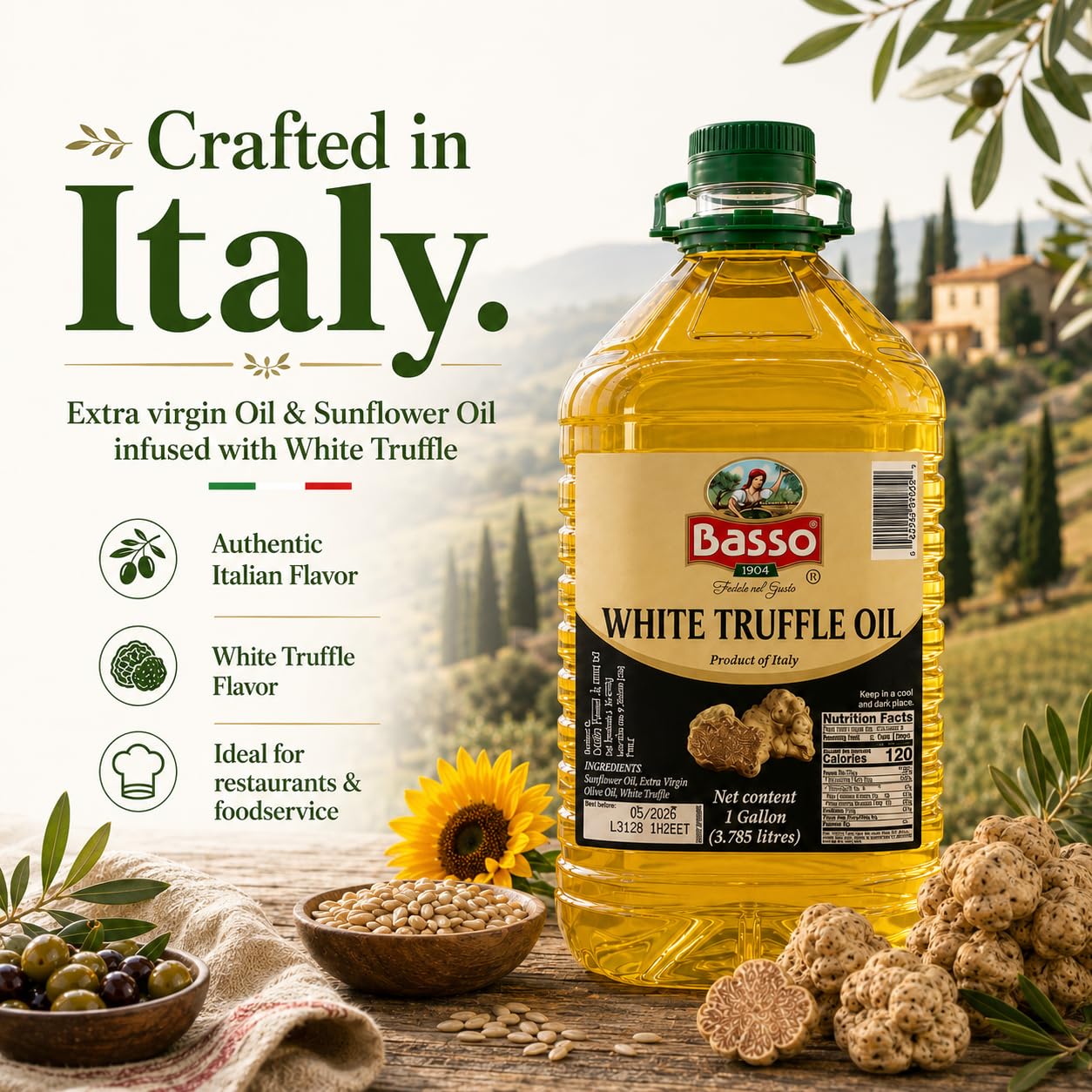 Basso decanted serving bottle beside salad demonstrating finishing application