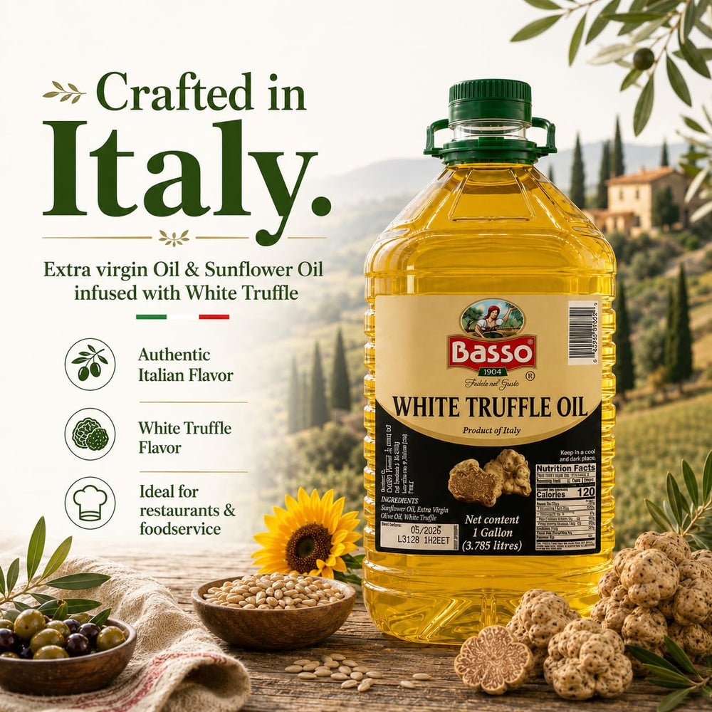 Basso decanted serving bottle beside salad demonstrating finishing application