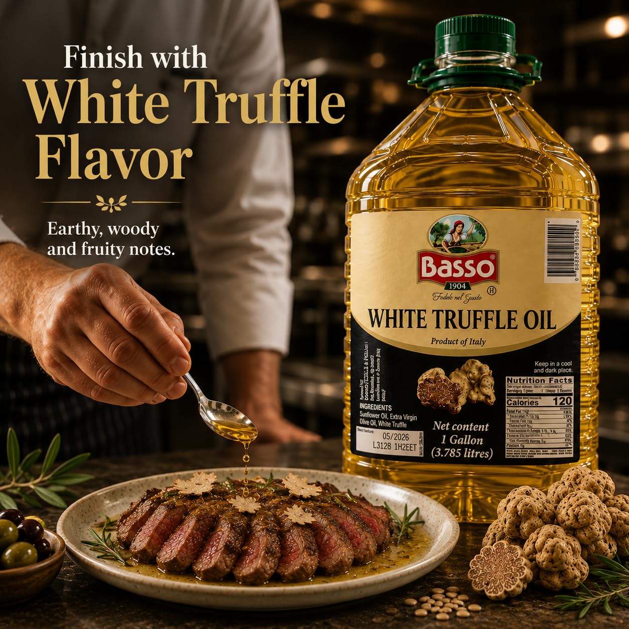 Basso gallon next to chef's knife illustrating one-gallon scale for kitchens