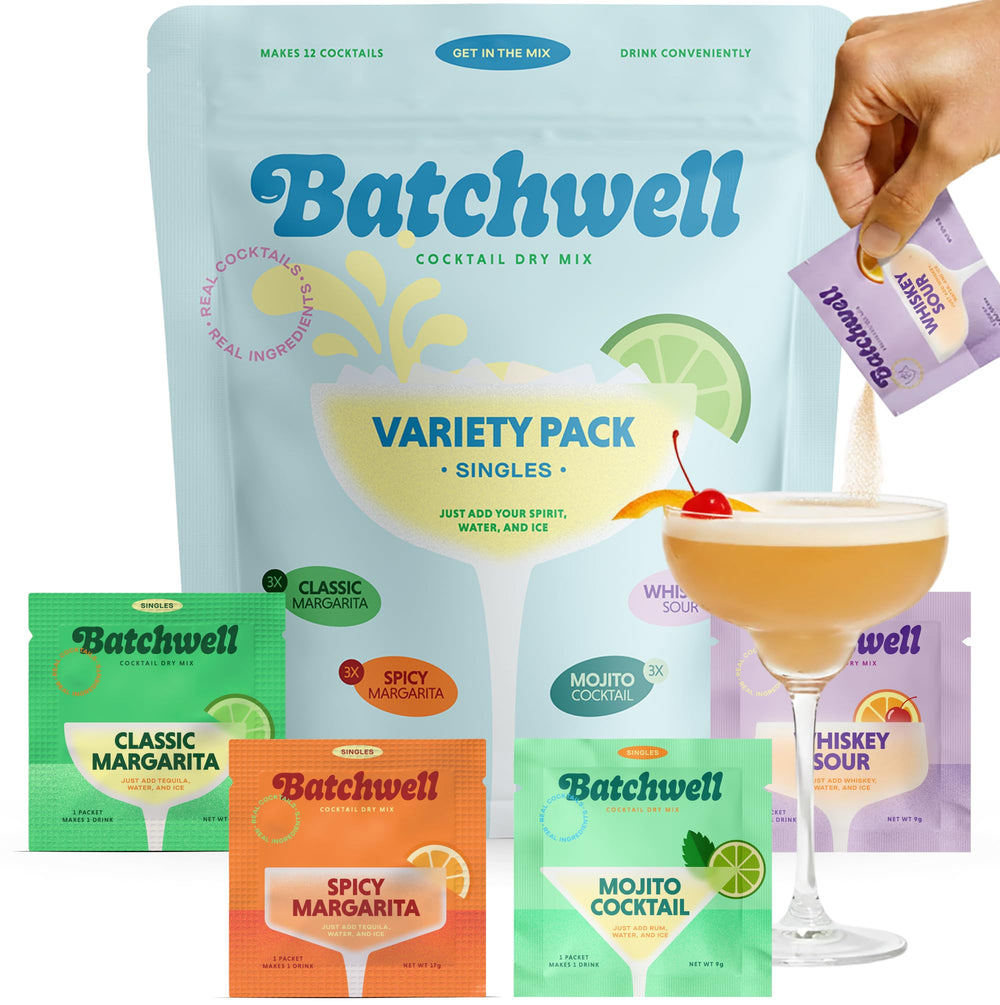 BATCHWELL front packaging showing all four cocktail varieties and benefits
