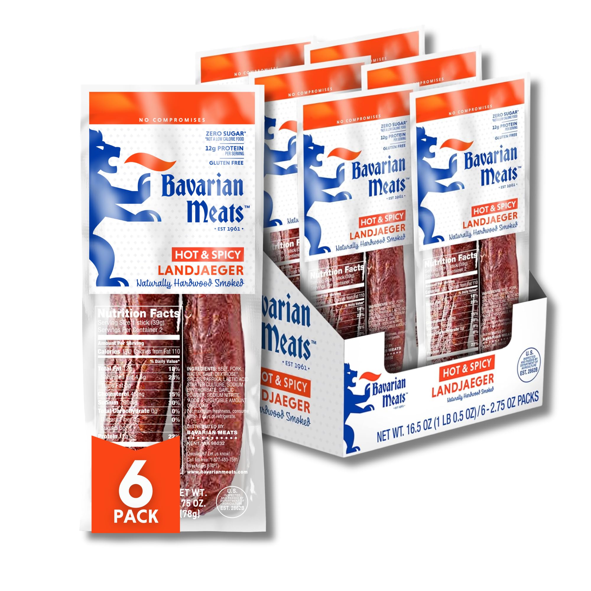 Bavarian Meats front packaging showing six hot spicy landjaeger packs for quick protein