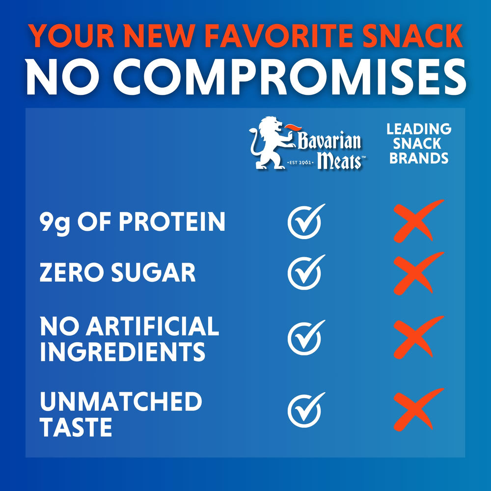 Bavarian Meats stick next to hand showing compact size and on-the-go convenience