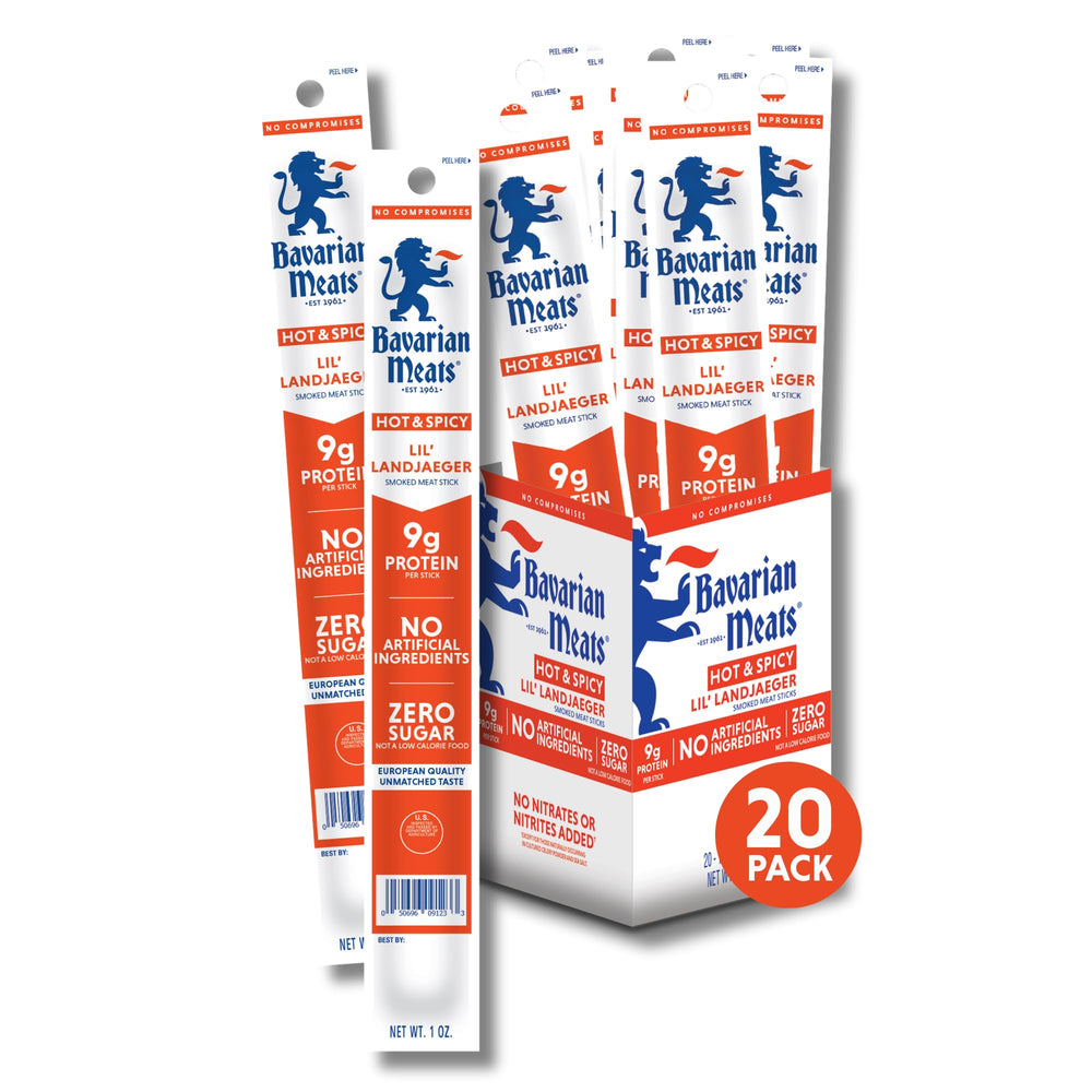 Bavarian Meats front packaging showing 20 spicy meat sticks and clarity for quick selection