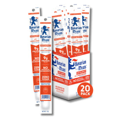 Bavarian Meats front packaging showing 20 spicy meat sticks and clarity for quick selection