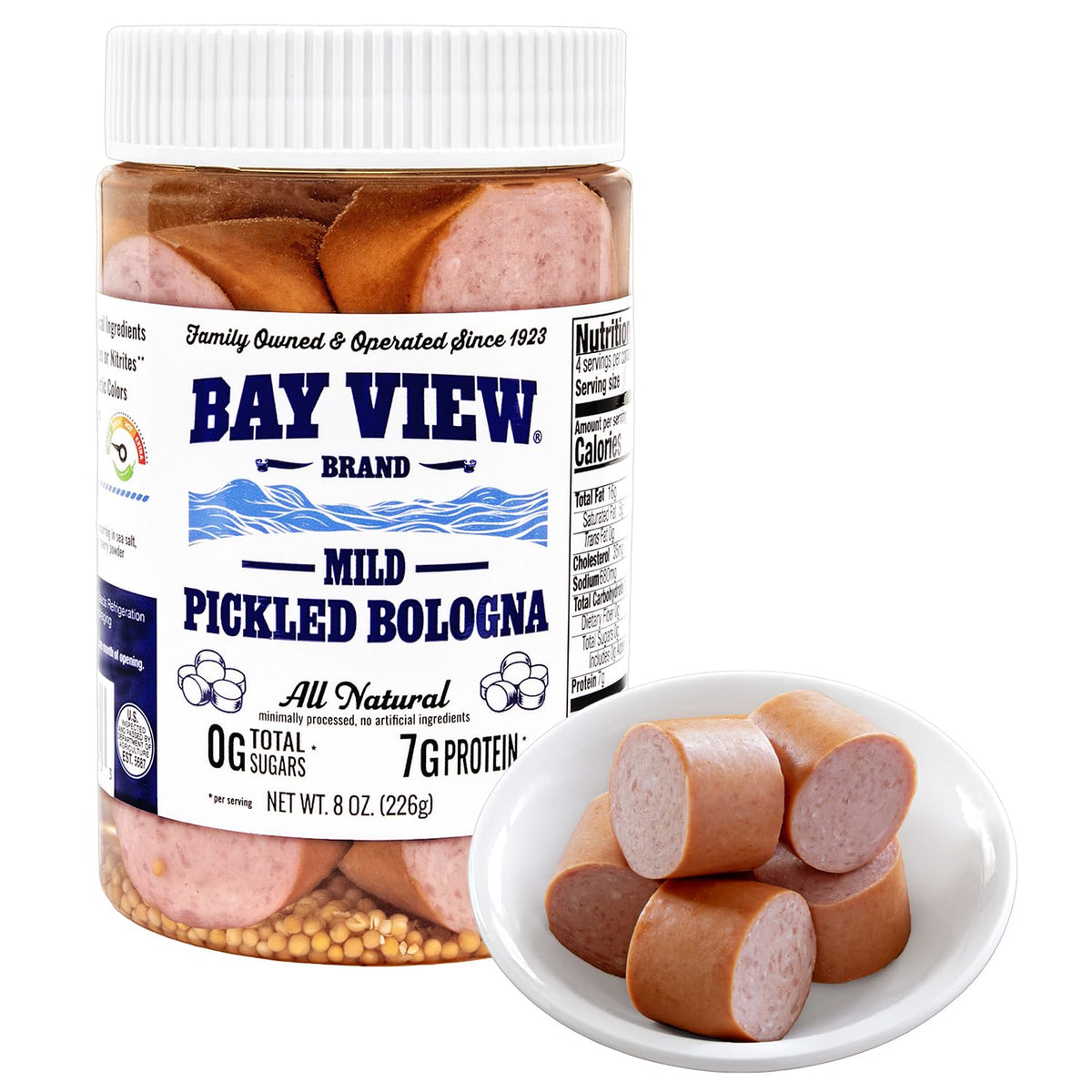 Bay View front packaging showing 8oz smoked pickled sausage and branding benefits