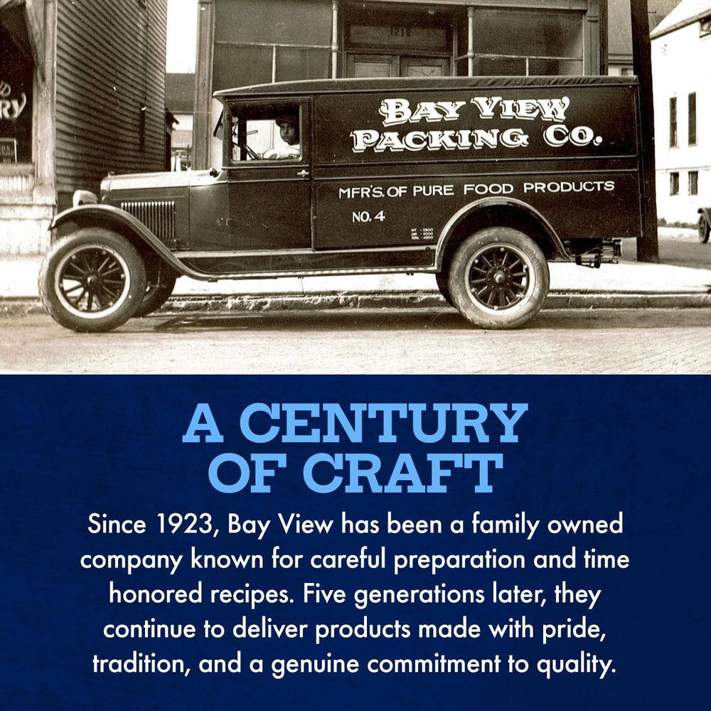 Close-up of Bay View label and ingredients list showing family recipe transparency and quality