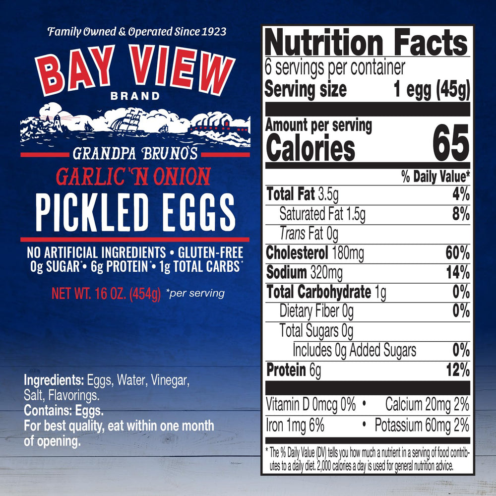 BAY VIEW BRAND open jar with garlic-onion brine ready to eat, portable snack benefit