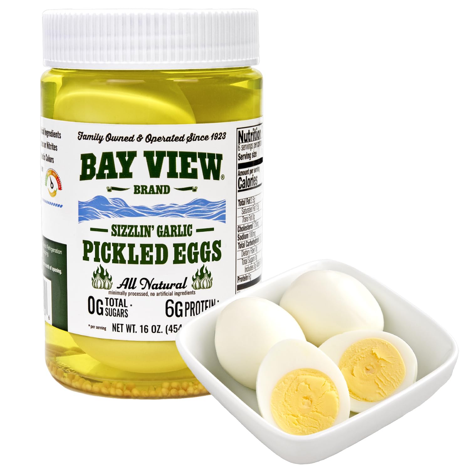 BAY VIEW BRAND front packaging showing jar and bold garlic flavor benefit