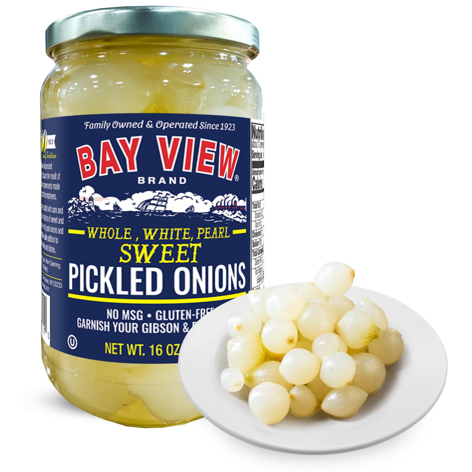 Bay View jar front view showing whole sweet pickled pearl onions and clear brine for visual freshness