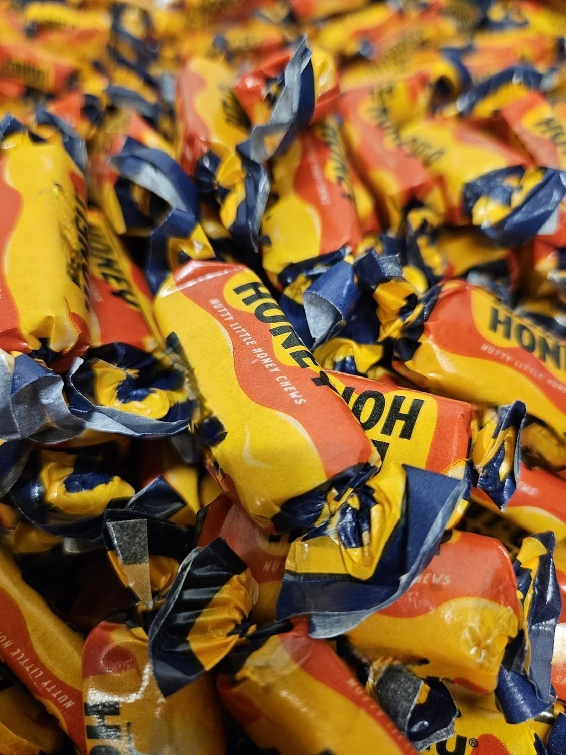 BAYSIDE CANDY front packaging of honey almond chews showing golden taffy and almonds, great for bulk display