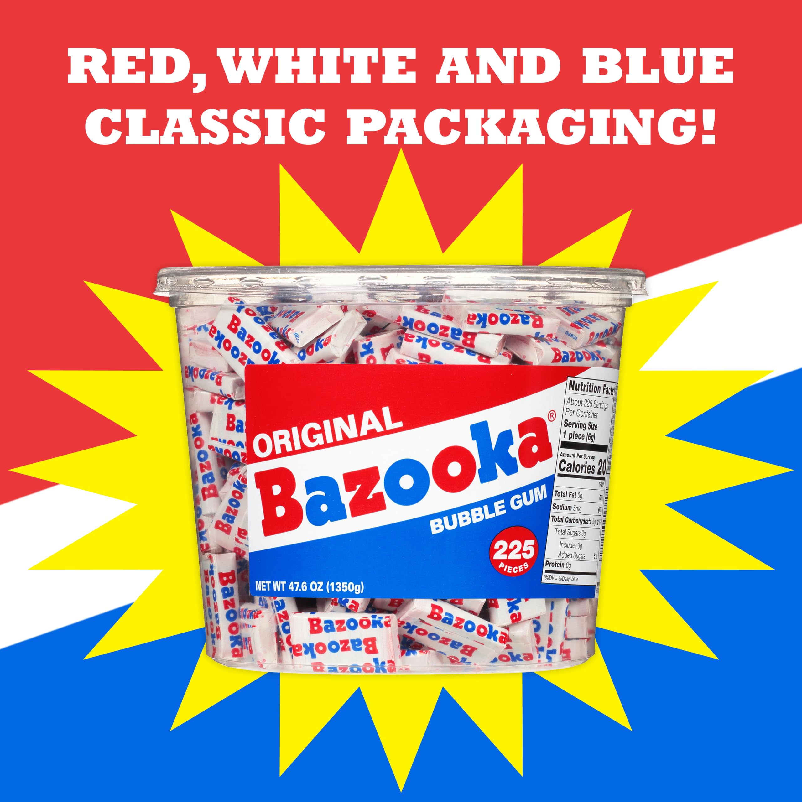 Bazooka tub opened with visible gum pieces, showing easy access and neat storage