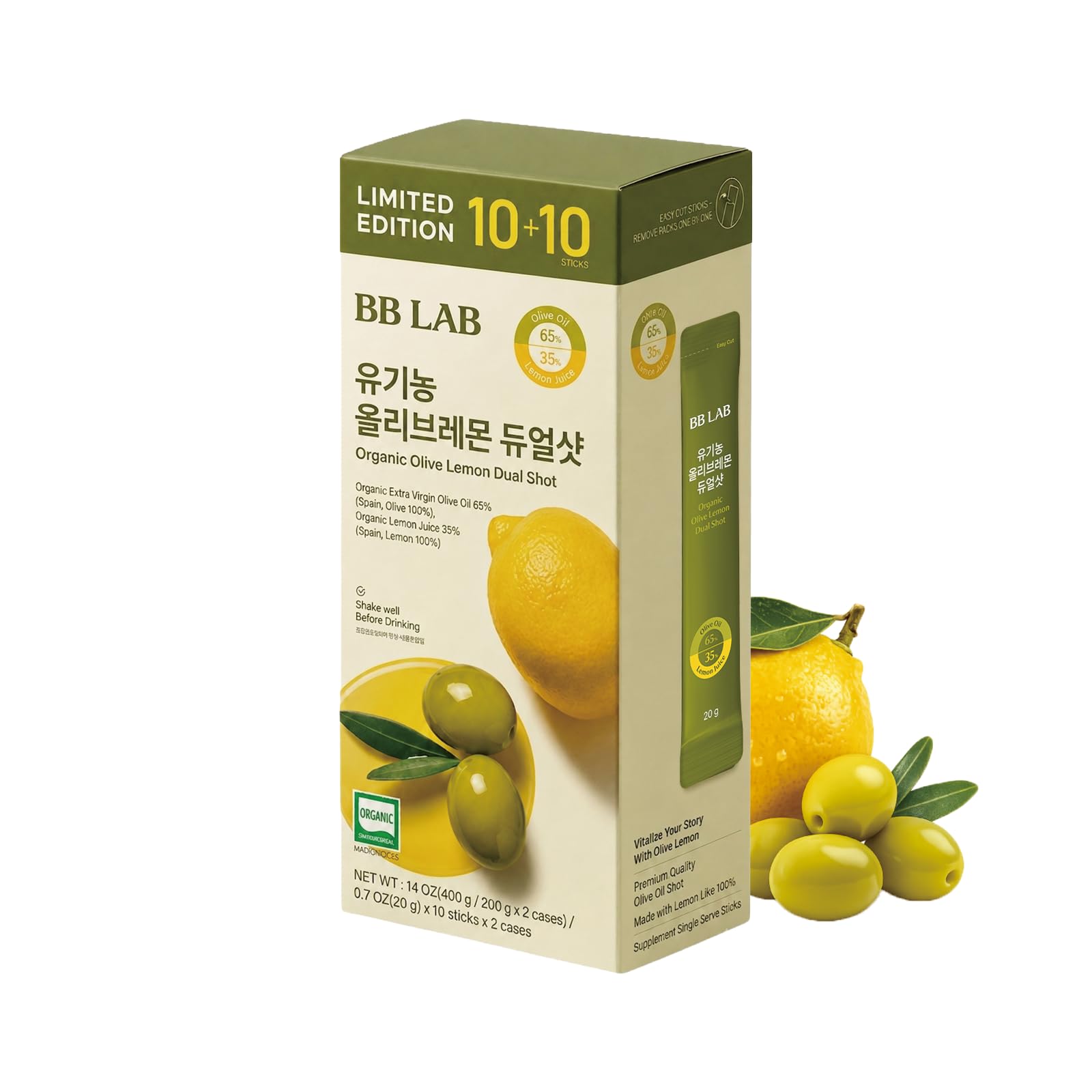 BB LAB front packaging of Olive & Lemon Dual Shot showing product branding and bundle benefit