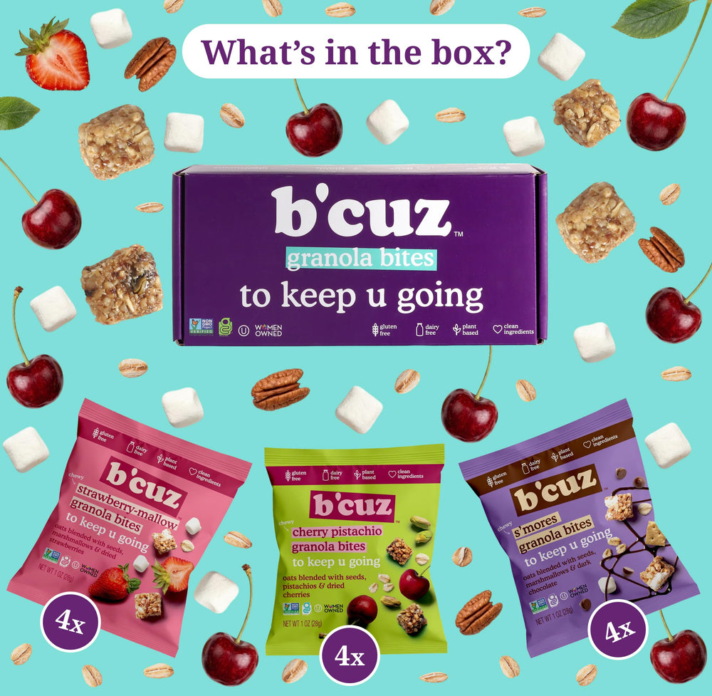 B'CUZ cherry pistachio close-up highlighting nuts and fruit for flavor