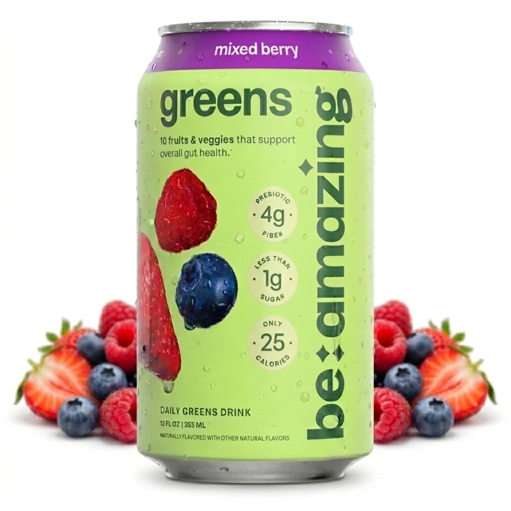 Be Amazing front can view showing mixed berry label and low calories