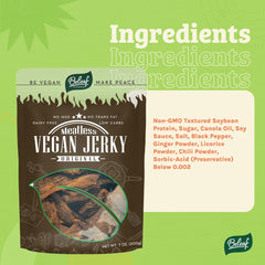 BE LEAF close-up texture of jerky strips showing chewy plant-based bite benefit