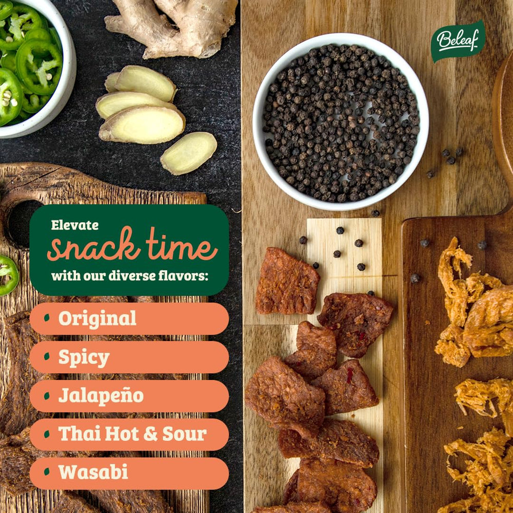BE LEAF jerky served on a wooden board with plant-based pairings, tasty snacking option