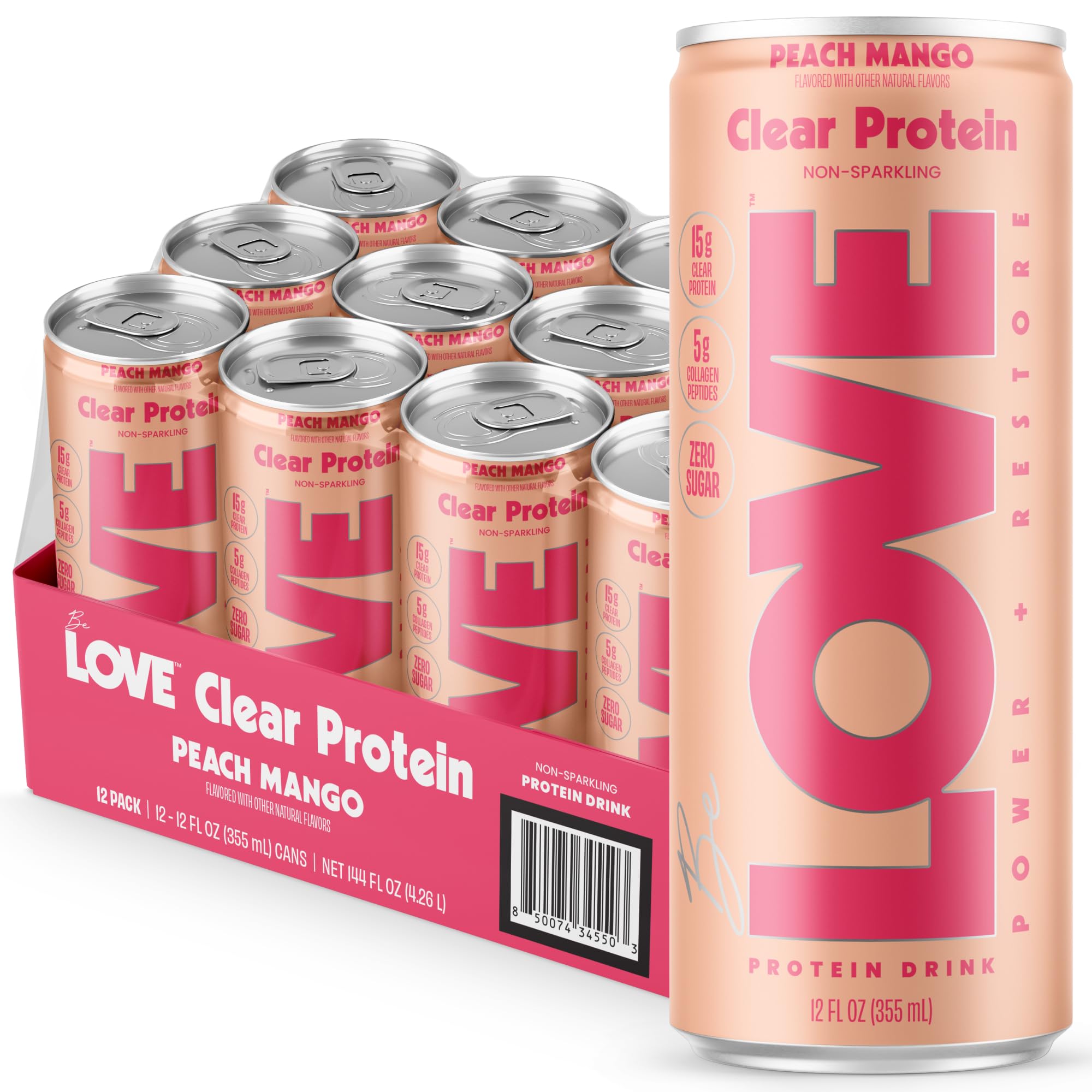 Be Love front packaging peach mango shows can and benefit of refreshing protein