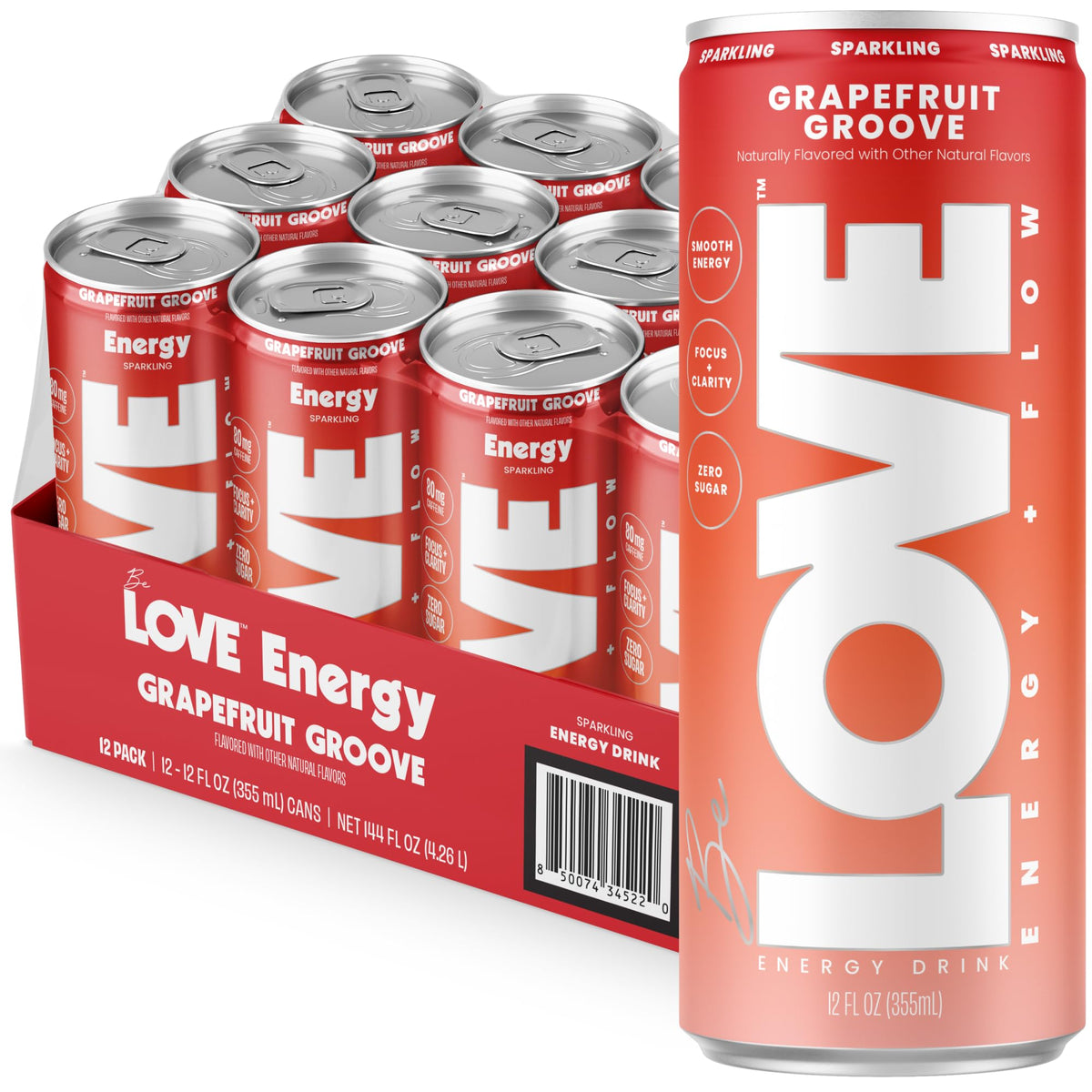 Be Love grapefruit can front view showing vibrant label and zero sugar benefit