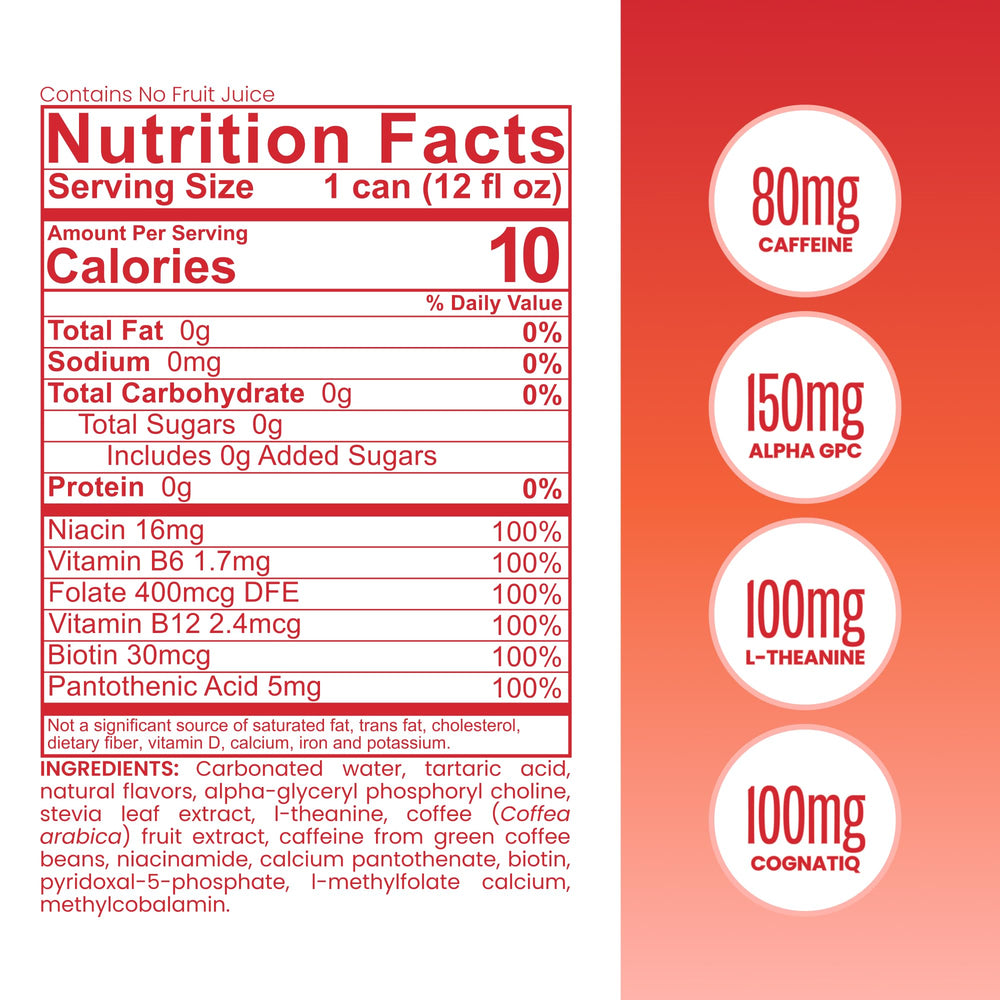 Be Love grapefruit can nutrition label closeup showing active B‑vitamins and nootropics