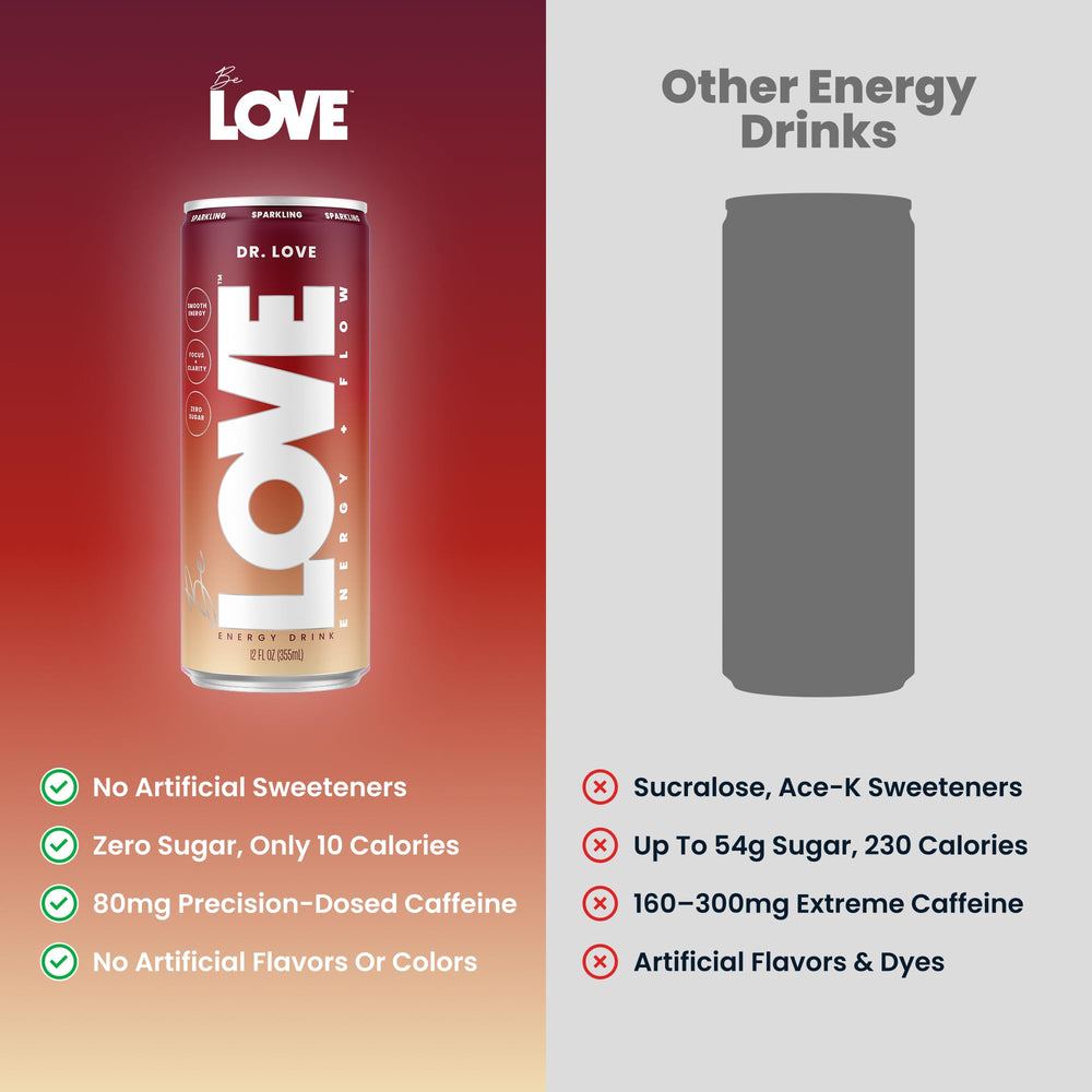 Be Love can next to hand showing 12 fl oz serving size and portable energy