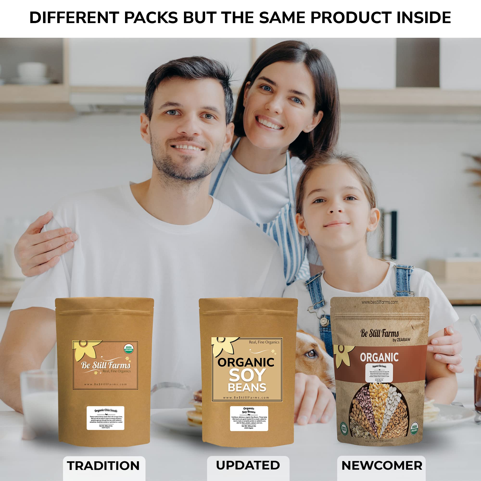 Be Still Farms bag beside measuring cup showing 2.8 lb scale and pantry use