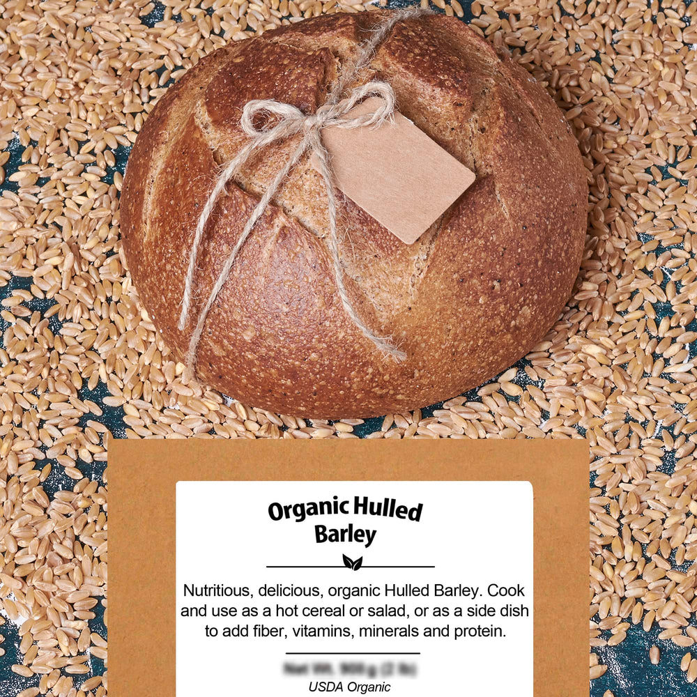 Measuring cup with Be Still Farms barley to show serving size and bulk quantity