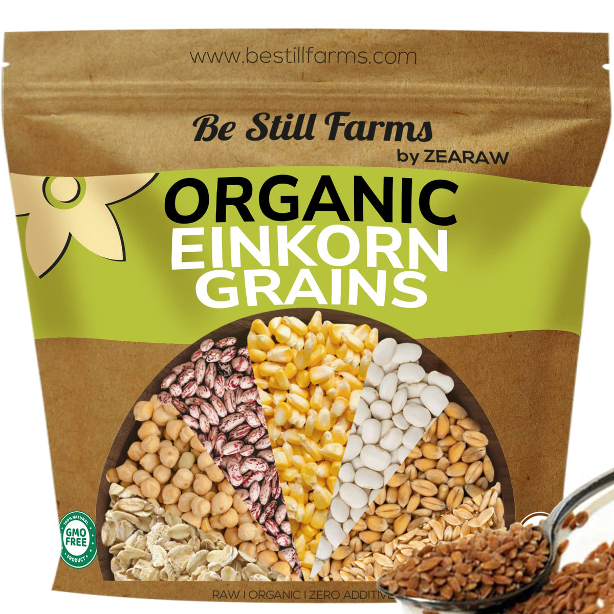 Be Still Farms front packaging of 4.8 lb einkorn bag showing label and resealable top, pantry-ready