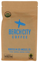 Beach City Coffee front packaging showing organic 12 oz bag and clear branding benefit: trustworthy daily coffee