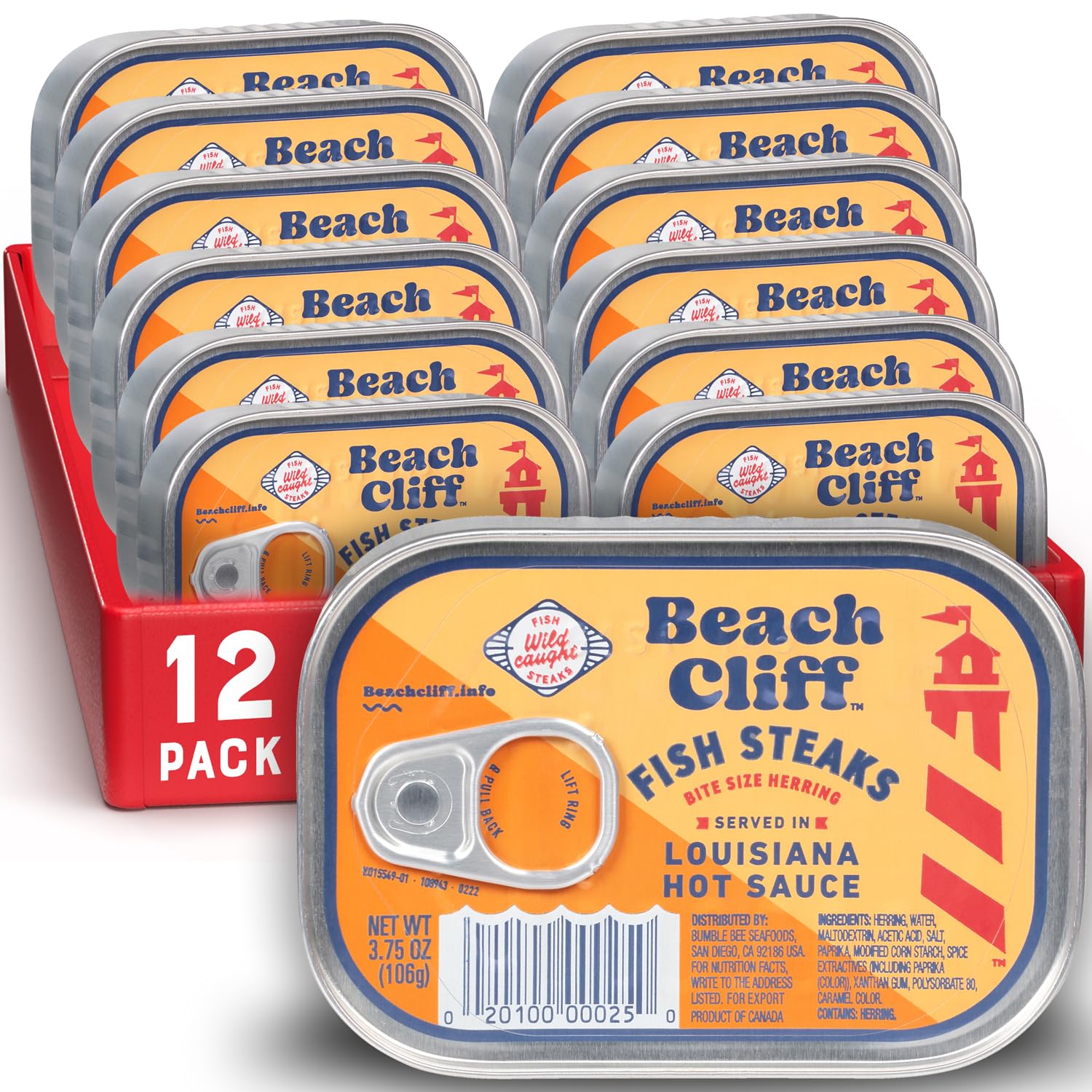 Beach Cliff front packaging showing herring steaks in hot sauce and clear label benefits