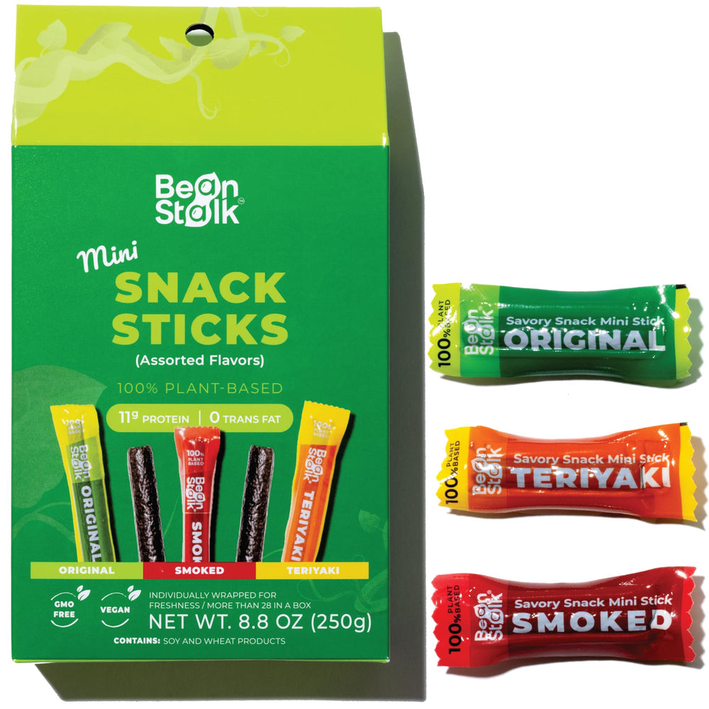 Bean Stalk front packaging showing assorted flavors and portability benefit