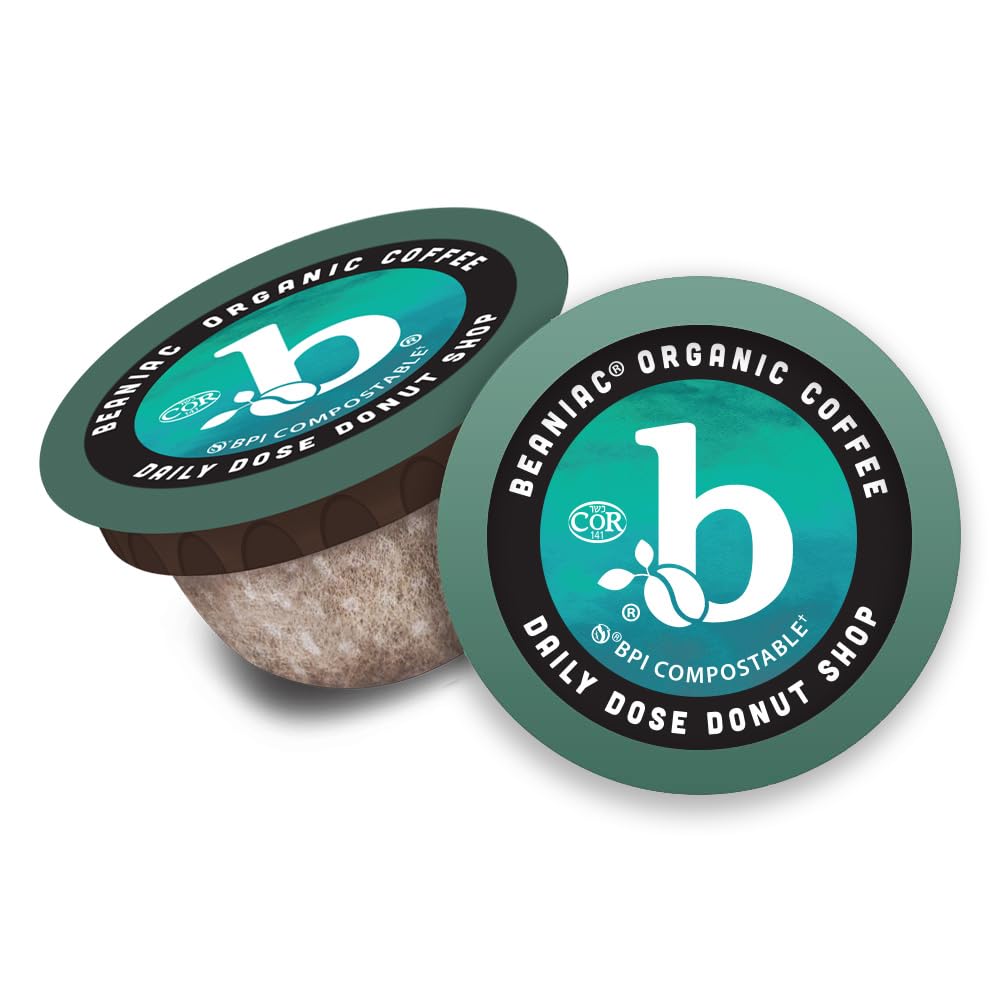 beaniac pod inside Keurig brewing with finished cup, demonstrates reliable brewing