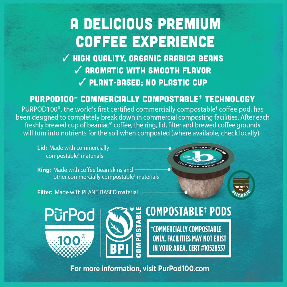 beaniac compostable label and BPI badge visible, emphasizes eco-friendly disposal