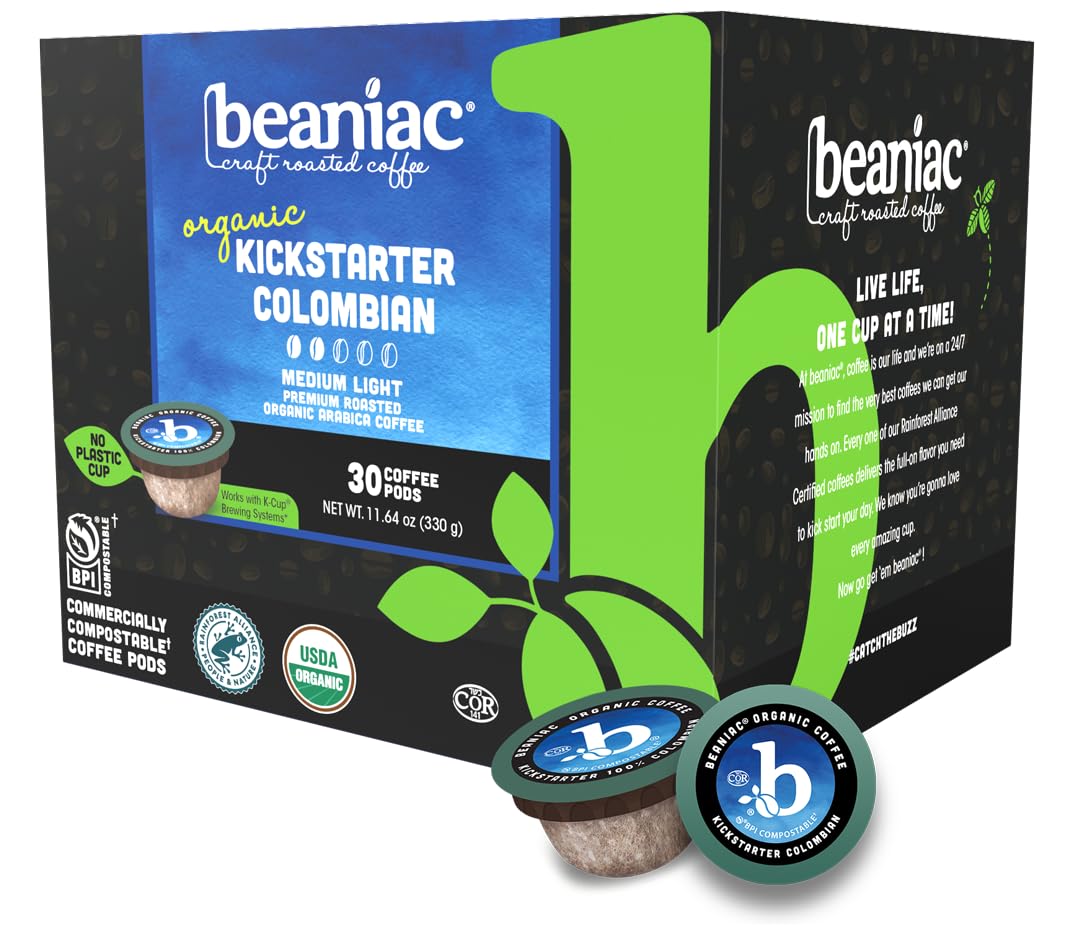 beaniac front packaging showing 30-count pods and organic branding for quick selection