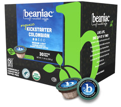 beaniac front packaging showing 30-count pods and organic branding for quick selection