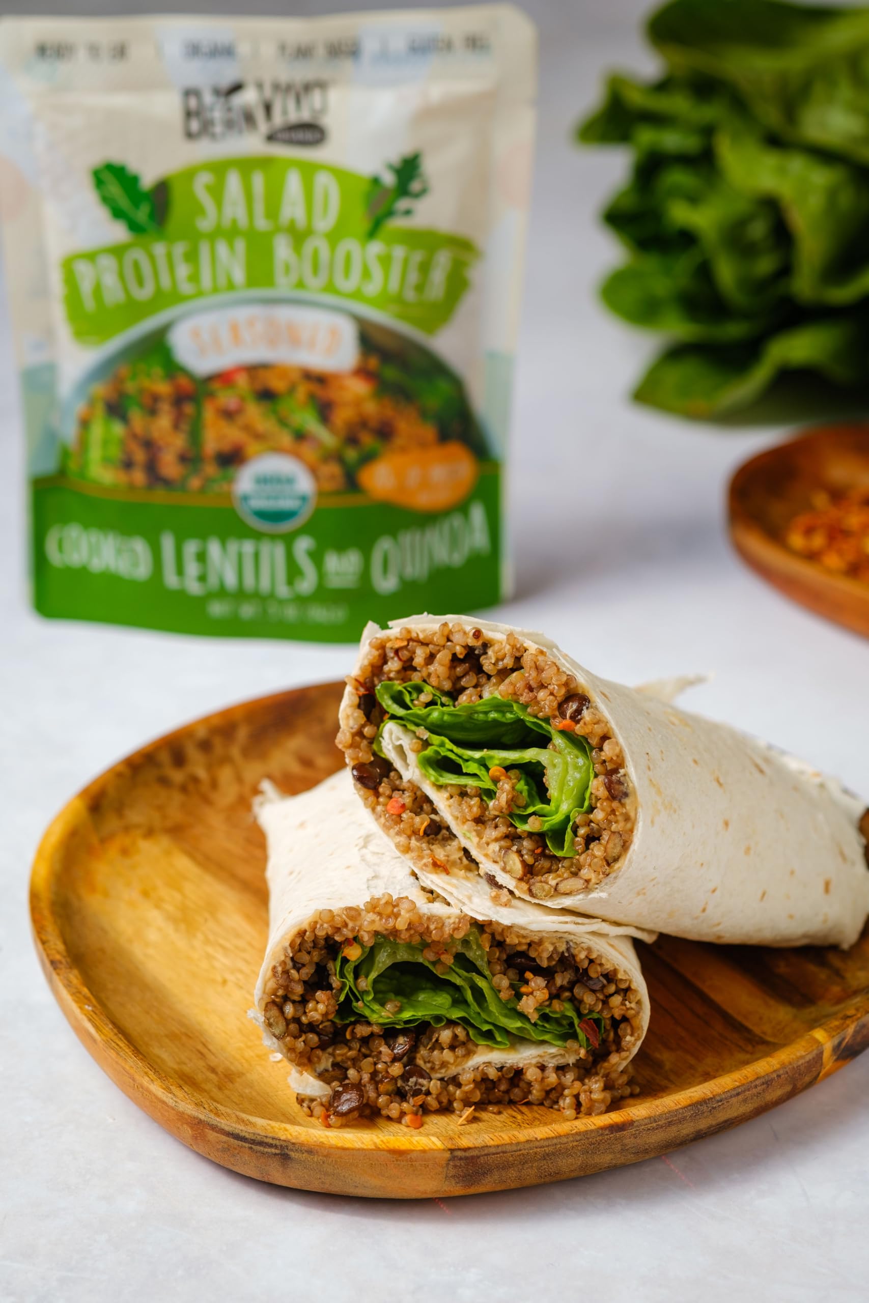 BeanVIVO lifestyle desk lunch with salad showcasing portable, ready-to-eat meal option