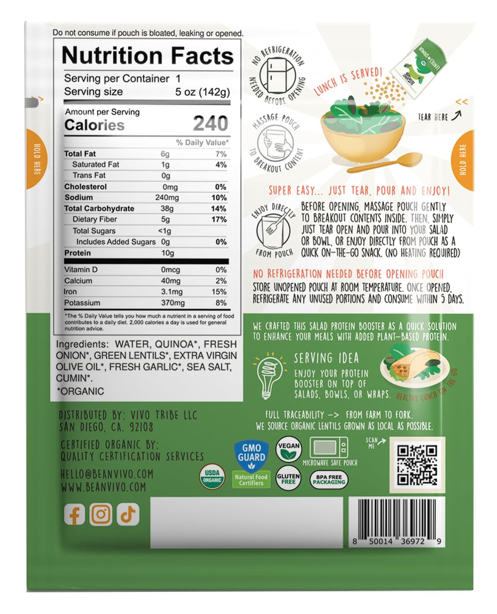 BeanVIVO pouch close-up revealing sealed organic lentils and quinoa with seasoning benefits
