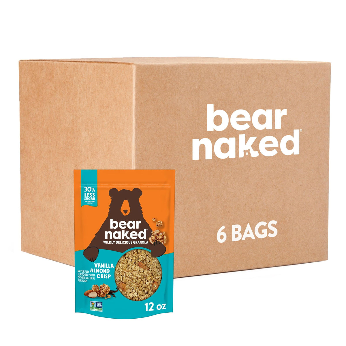 Bear Naked front packaging showing Vanilla Almond Crisp and whole grain benefits