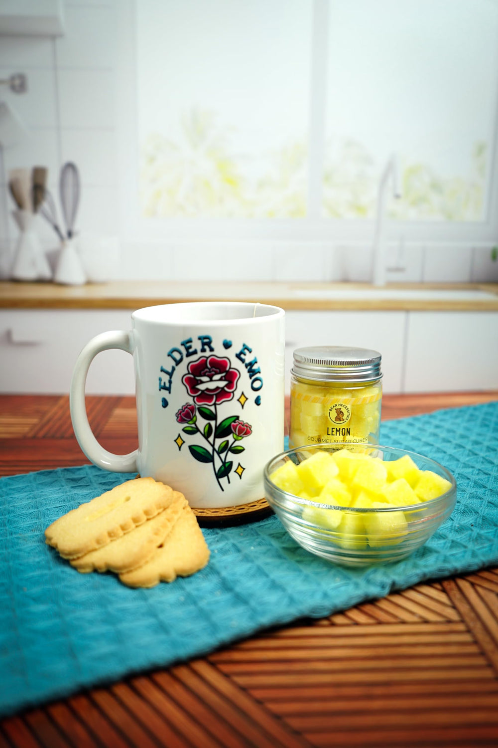 Bear Necessities lemon sugar cube dissolving in tea, adds bright citrus flavor quickly