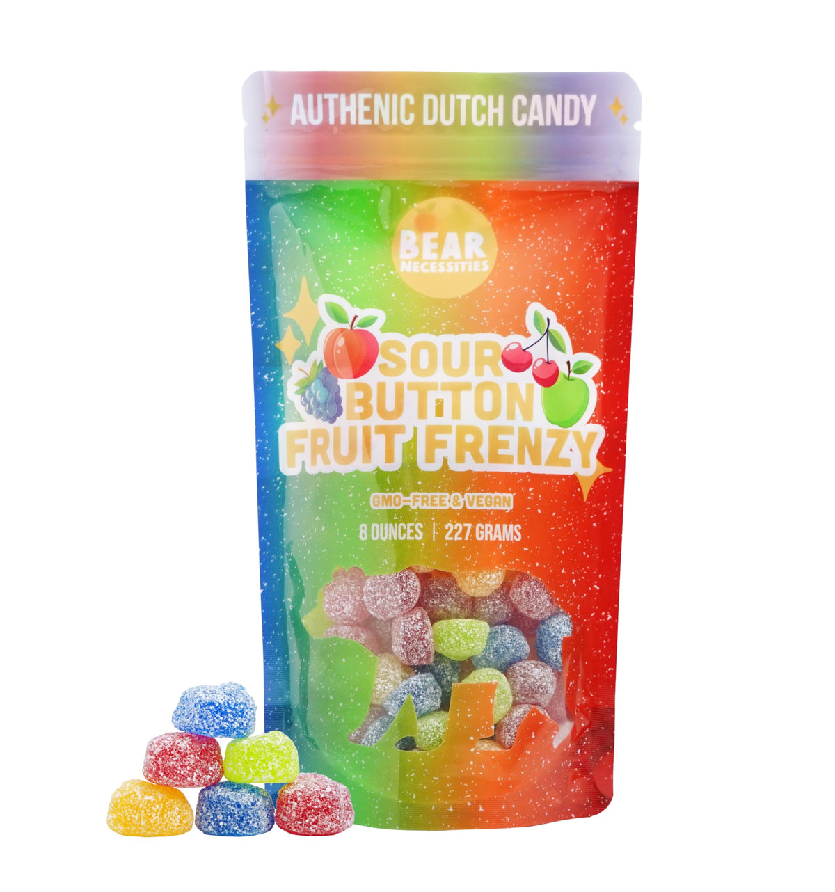 Bear Necessities front packaging showing colorful sour button mix and resealable bag benefit