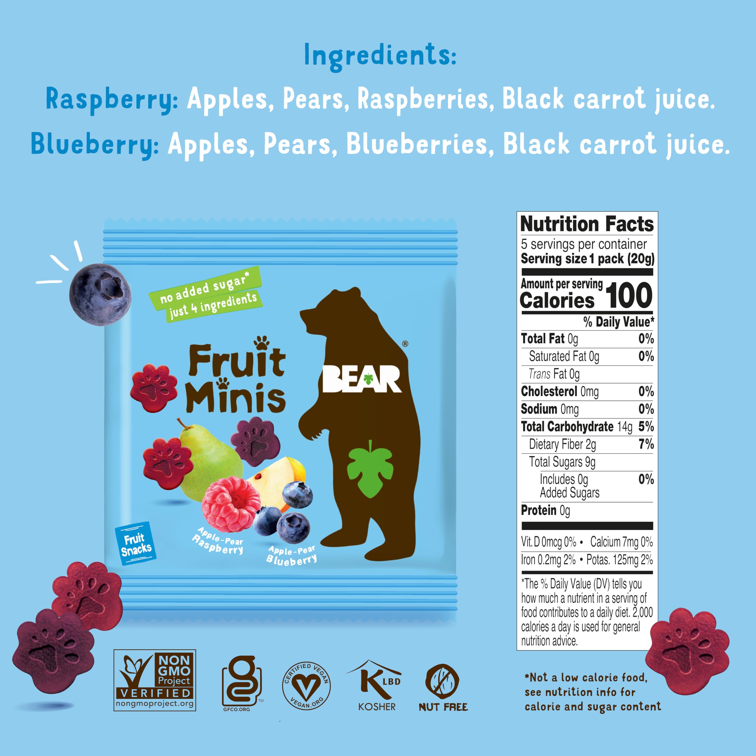 BEAR label and certifications displayed to show non-GMO, gluten-free benefits