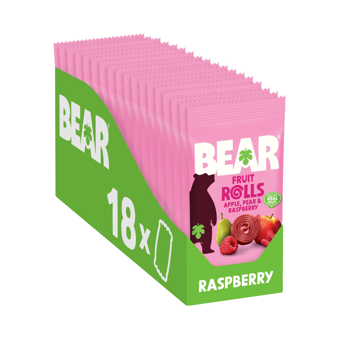 BEAR front packaging showing 18 packs and raspberry branding for easy pantry choice