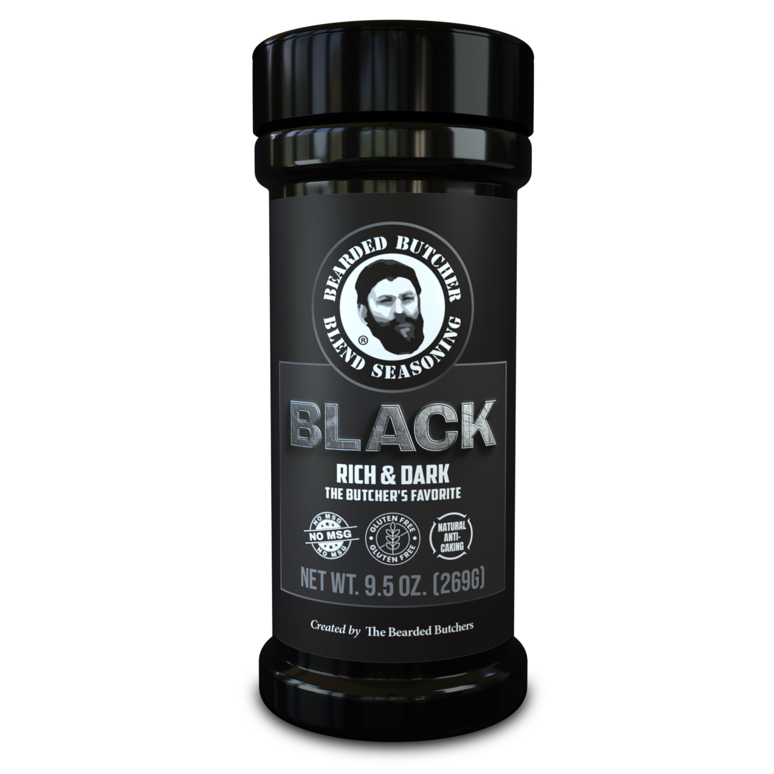 Bearded Butcher Black Blend front shaker showing bold coffee-molasses flavor and easy use
