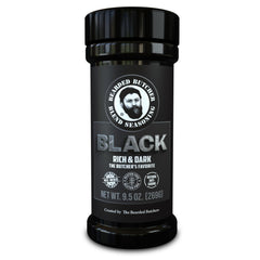 Bearded Butcher Black Blend front shaker showing bold coffee-molasses flavor and easy use