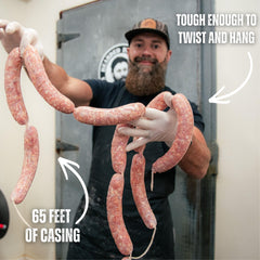 Bearded Butcher Blend casing loaded on sausage stuffer tube for easy stuffing