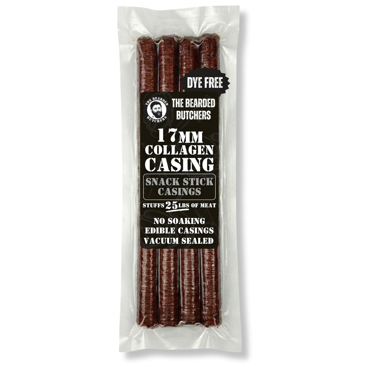 Bearded Butchers front view of vacuum-sealed 17mm casings, ready to use for faster stuffing