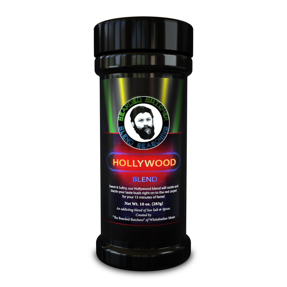 Bearded Butcher front packaging showing 10 oz shaker and seasoning benefits
