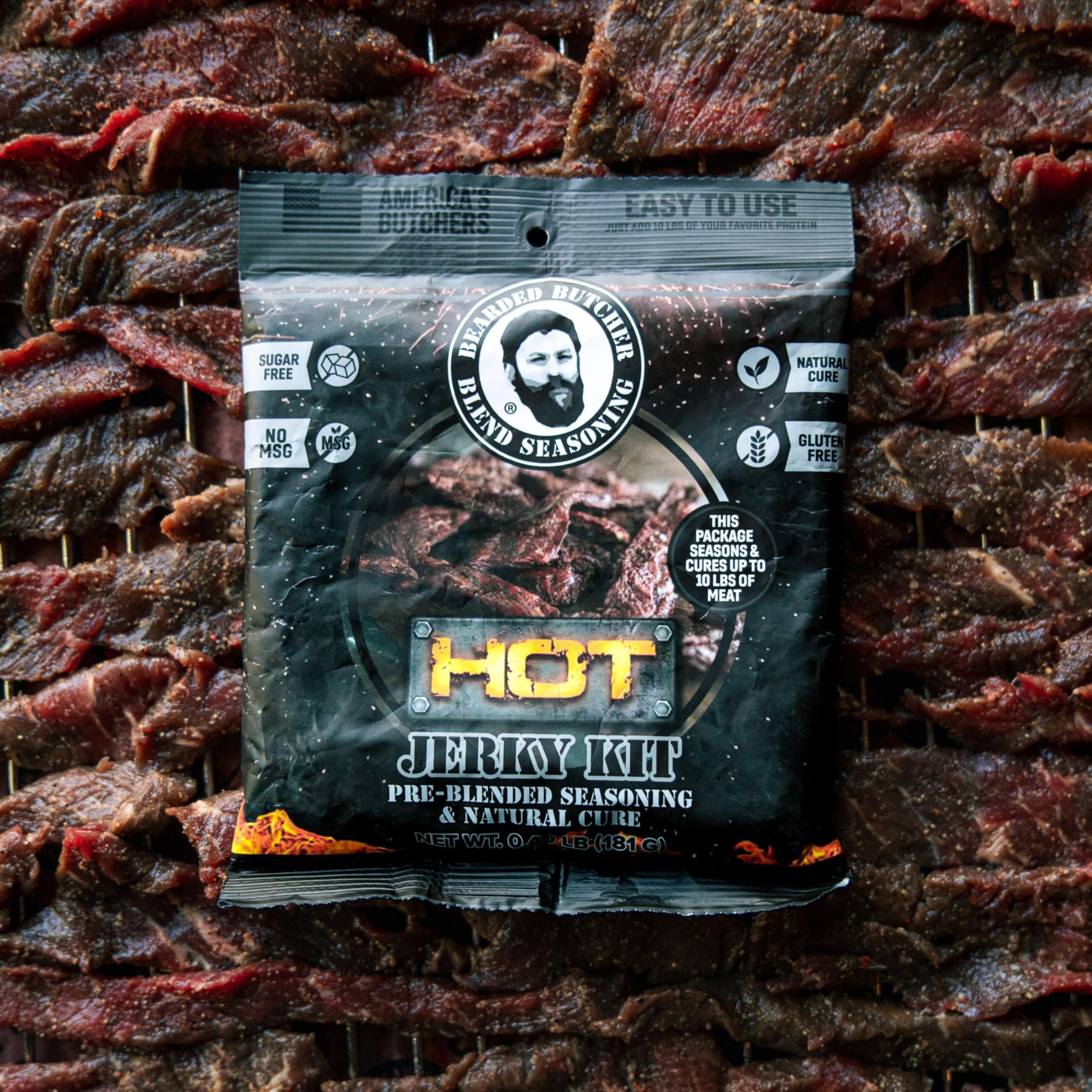 Bearded Butcher lifestyle outdoor smoker shot showing real-world jerky preparation