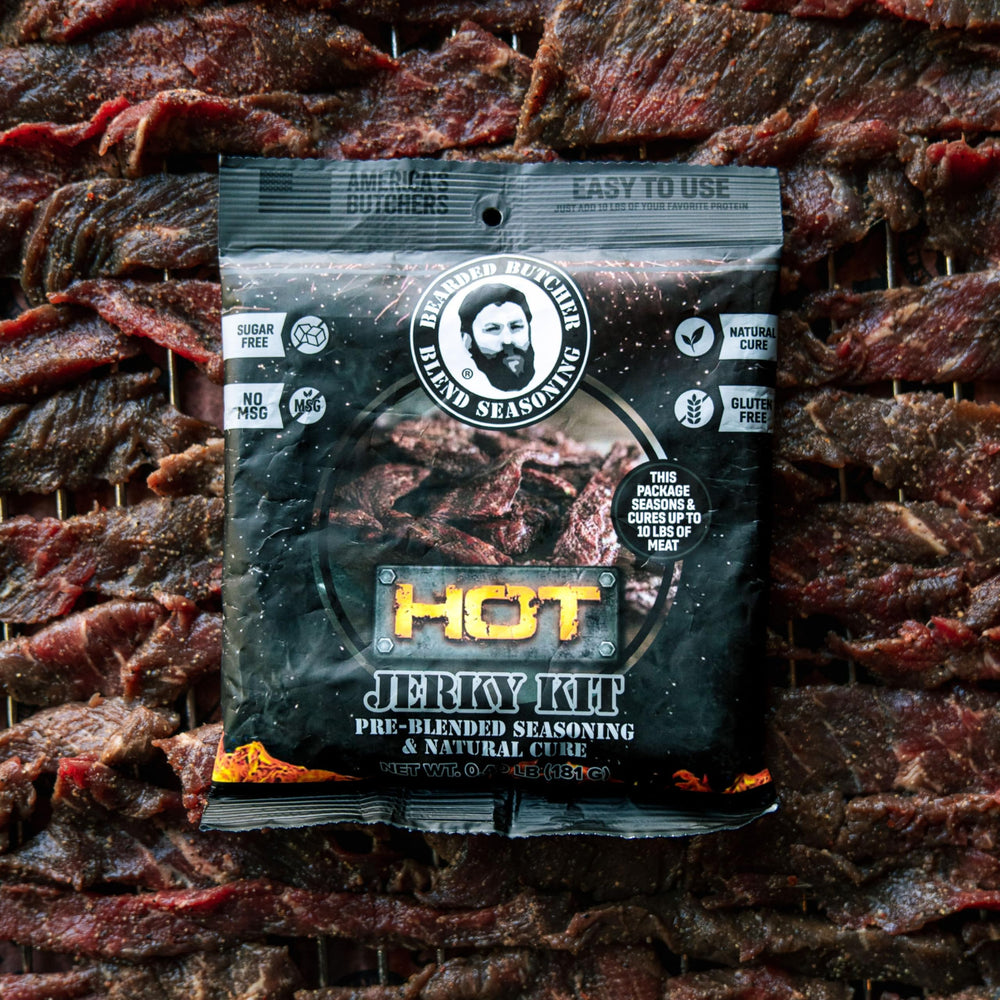 Bearded Butcher lifestyle outdoor smoker shot showing real-world jerky preparation