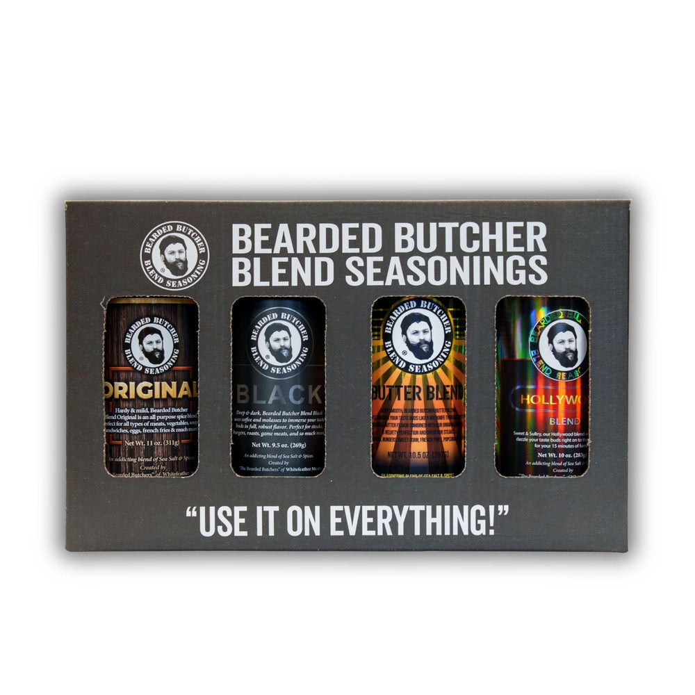 Bearded Butcher front packaging showing four signature seasoning bottles and branding benefit: clear product view